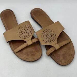 Womens Tory Burch Slip On Slide Sandals Leather Tan Perforated Logo Size 10.5